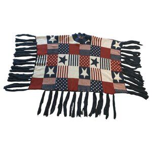 American Flag Patchwork Sweater Knit Poncho with Tassels Red, White, and Blue
